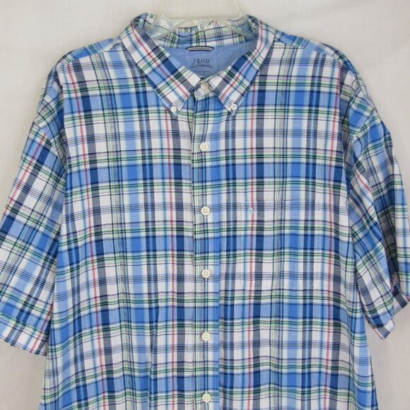 IZOD Saltwater Dockside Blue Plaid Chambray Short Sleeve Button Up Shirt 2XL - Picture 2 of 12